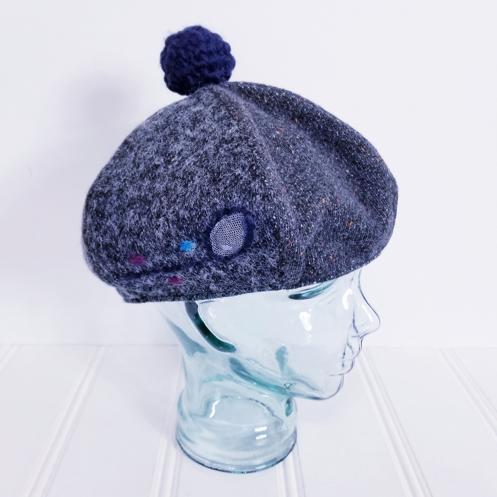 Grace Hats Fifi Beret OS Wool Blend Embroidered Artistic Pom Pom Hat Gray
